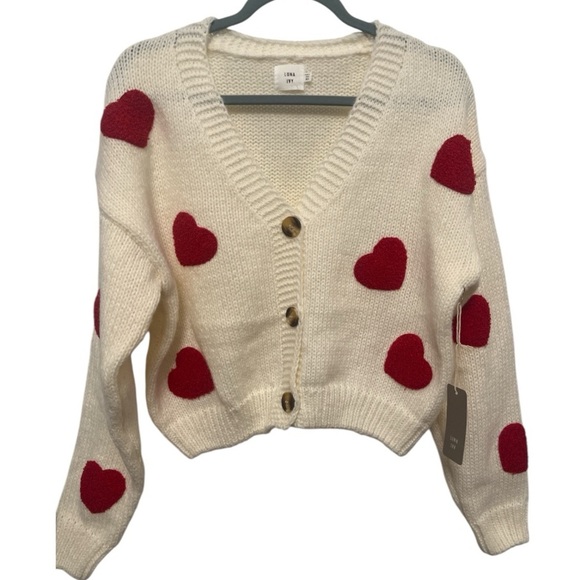 NWT Luna Ivy Valentines sweater cream chunky cozy red hearts cardigan size large - Picture 1 of 11